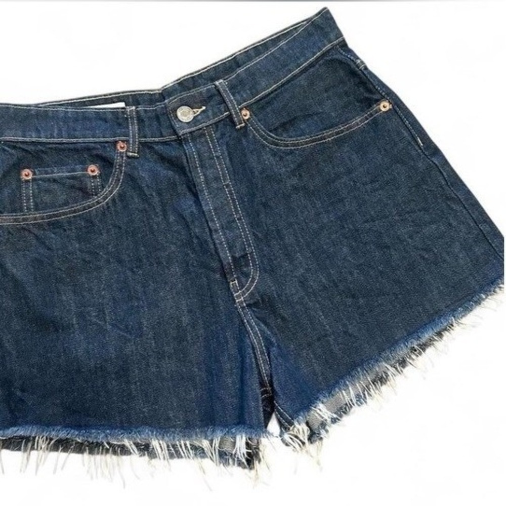 NWOT Zara Crisp Dark Wash High Rise Denim Shorts Raw Frayed Hem Button Fly